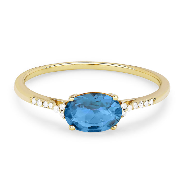 Beautiful Hand Crafted 14K Yellow Gold 7X5MM Swiss Blue Topaz And Diamond Essentials Collection Ring