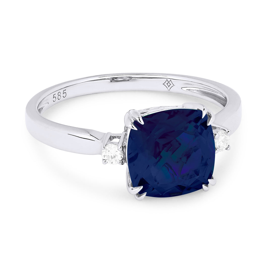 Beautiful Hand Crafted 14K White Gold 8MM Created Sapphire And Diamond Essentials Collection Ring