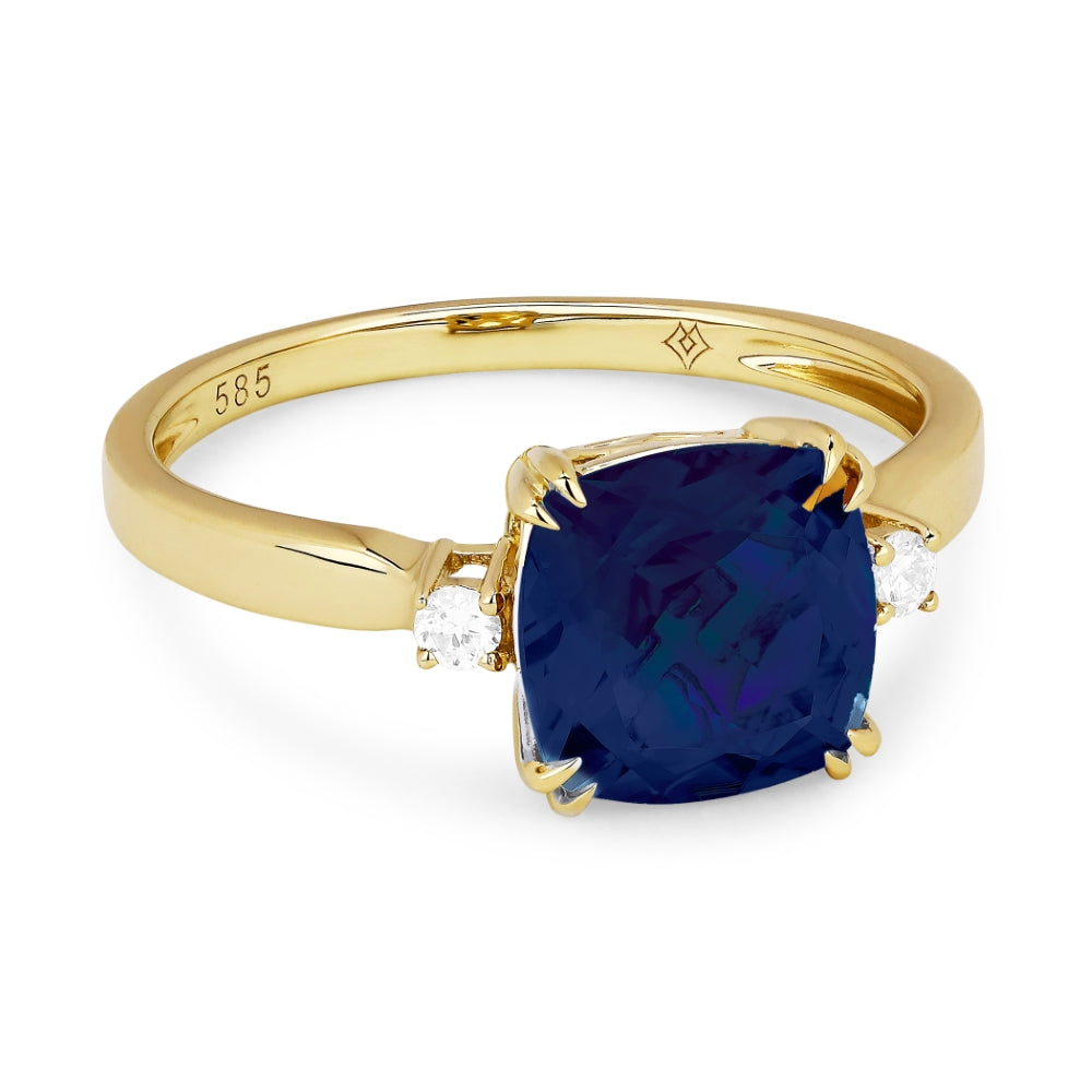 Beautiful Hand Crafted 14K Yellow Gold 8MM Created Sapphire And Diamond Essentials Collection Ring