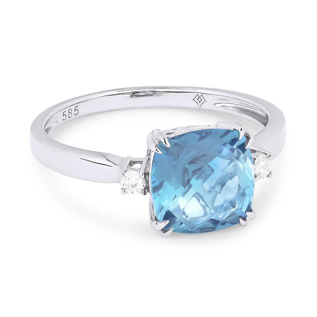 Beautiful Hand Crafted 14K White Gold 8MM Blue Topaz And Diamond Essentials Collection Ring