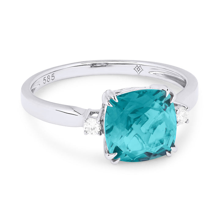 Beautiful Hand Crafted 14K White Gold 8MM Created Tourmaline Paraiba And Diamond Essentials Collection Ring