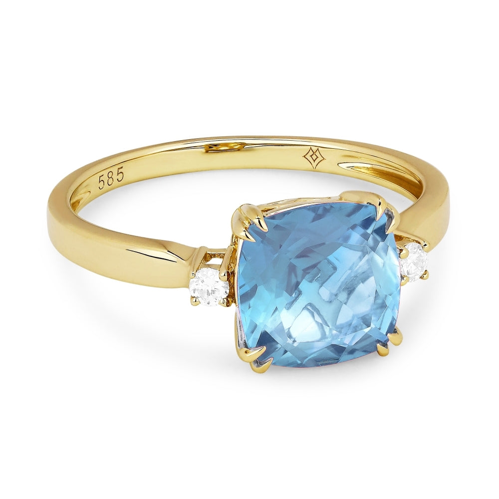 Beautiful Hand Crafted 14K Yellow Gold 8MM Swiss Blue Topaz And Diamond Essentials Collection Ring