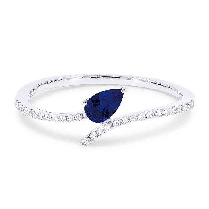 Beautiful Hand Crafted 14K White Gold 3X5MM Created Sapphire And Diamond Essentials Collection Ring