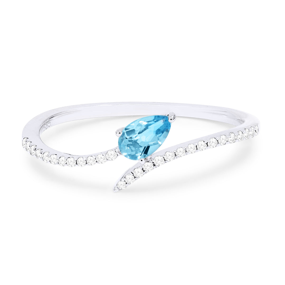 Beautiful Hand Crafted 14K White Gold 3X5MM Blue Topaz And Diamond Essentials Collection Ring