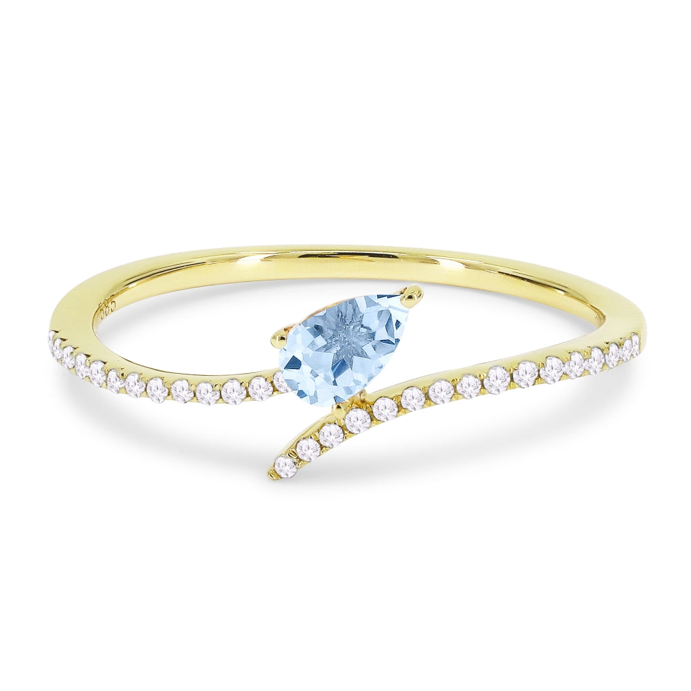 Beautiful Hand Crafted 14K Yellow Gold 3X5MM Blue Topaz And Diamond Essentials Collection Ring