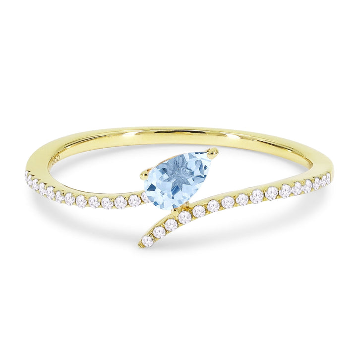 Beautiful Hand Crafted 14K Yellow Gold 3X5MM Blue Topaz And Diamond Essentials Collection Ring