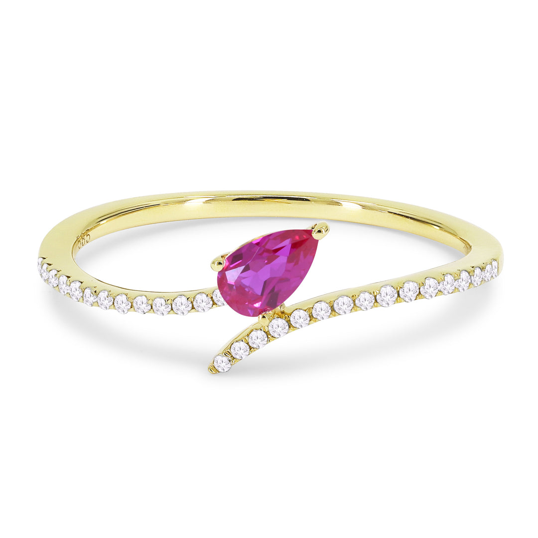 Beautiful Hand Crafted 14K Yellow Gold 3x5MM Created Ruby And Diamond Essentials Collection Ring