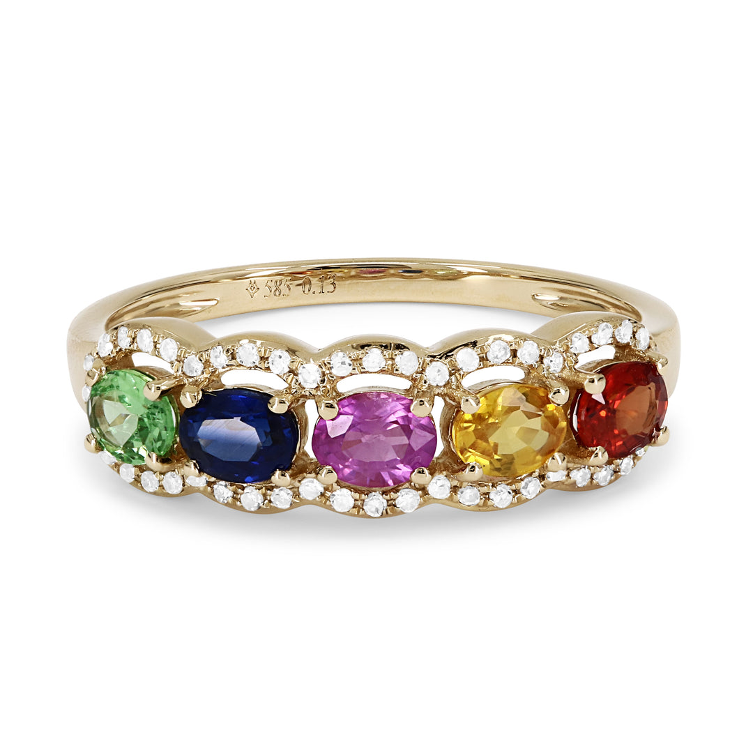 Beautiful Hand Crafted 14K Yellow Gold  Multi Colored Sapphire And Diamond Arianna Collection Ring