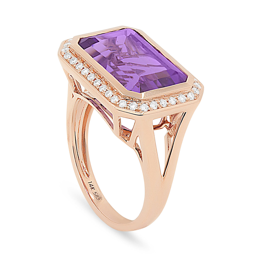 Beautiful Hand Crafted 14K Rose Gold 14x9MM Amethyst And Diamond Essentials Collection Ring