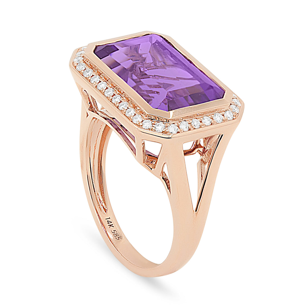 Beautiful Hand Crafted 14K Rose Gold 14X9MM Amethyst And Diamond Essentials Collection Ring