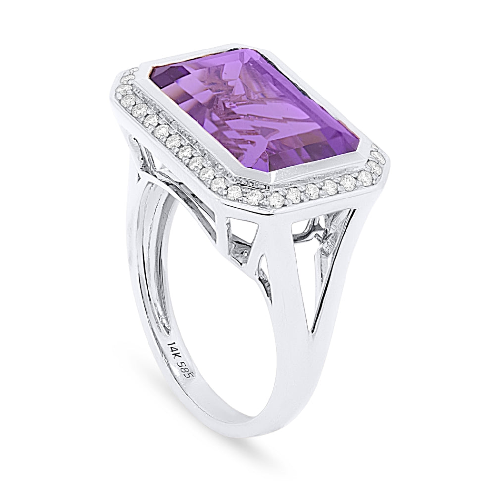 Beautiful Hand Crafted 14K White Gold 14X9MM Amethyst And Diamond Essentials Collection Ring