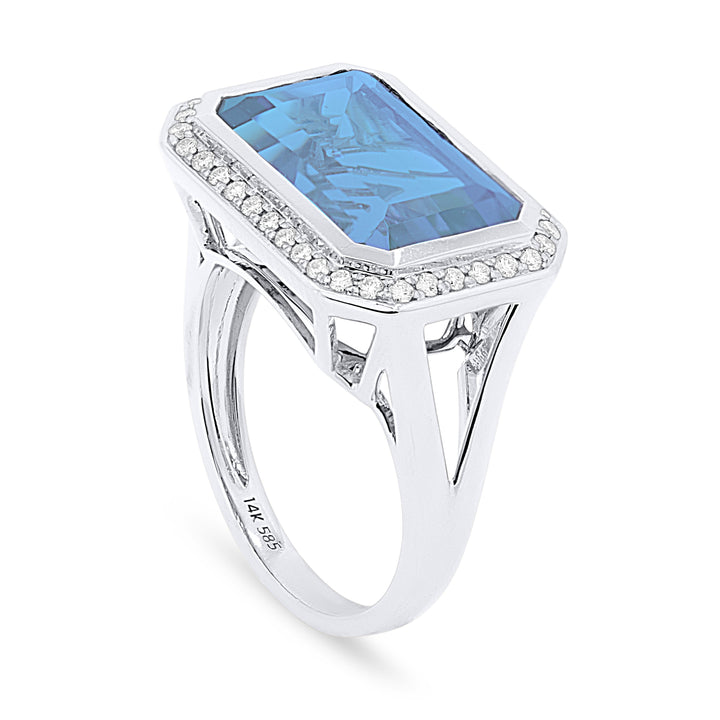 Beautiful Hand Crafted 14K White Gold 14X9MM Blue Topaz And Diamond Essentials Collection Ring