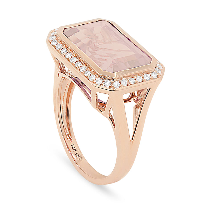 Beautiful Hand Crafted 14K Rose Gold 14x9MM Created Morganite And Diamond Essentials Collection Ring