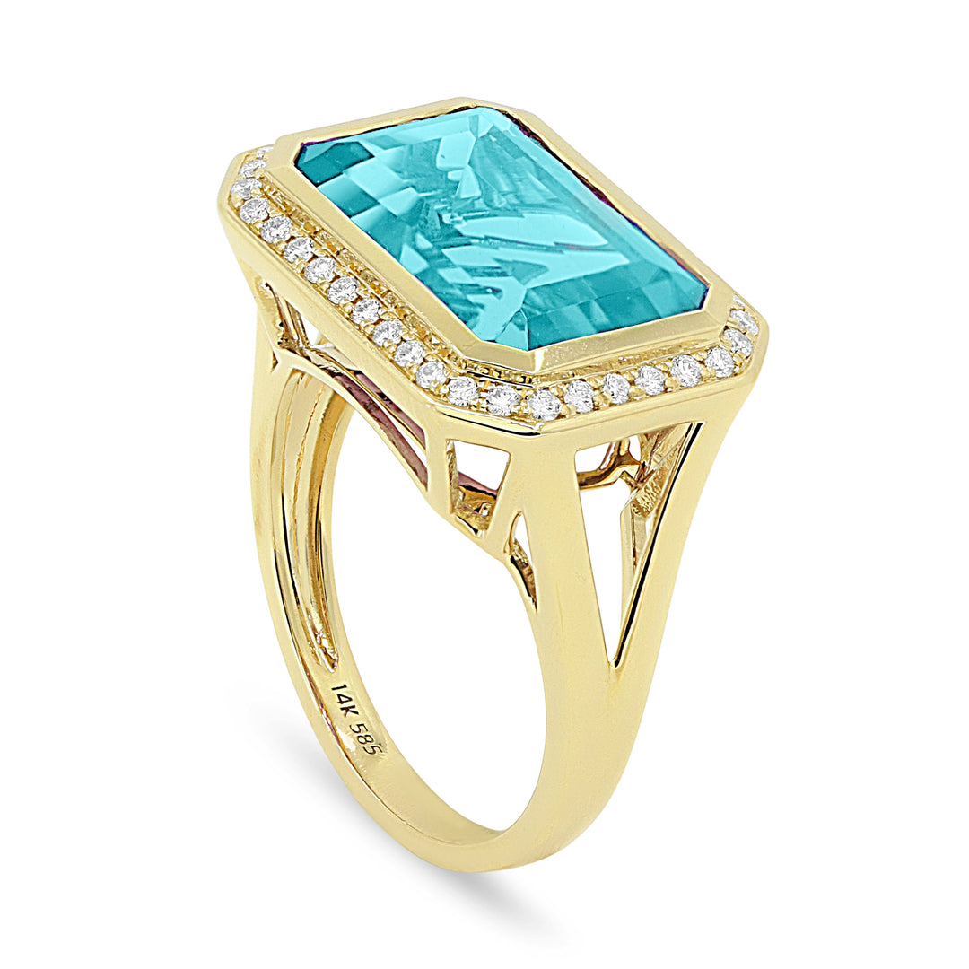 Beautiful Hand Crafted 14K Yellow Gold 14X9MM Created Tourmaline Paraiba And Diamond Essentials Collection Ring