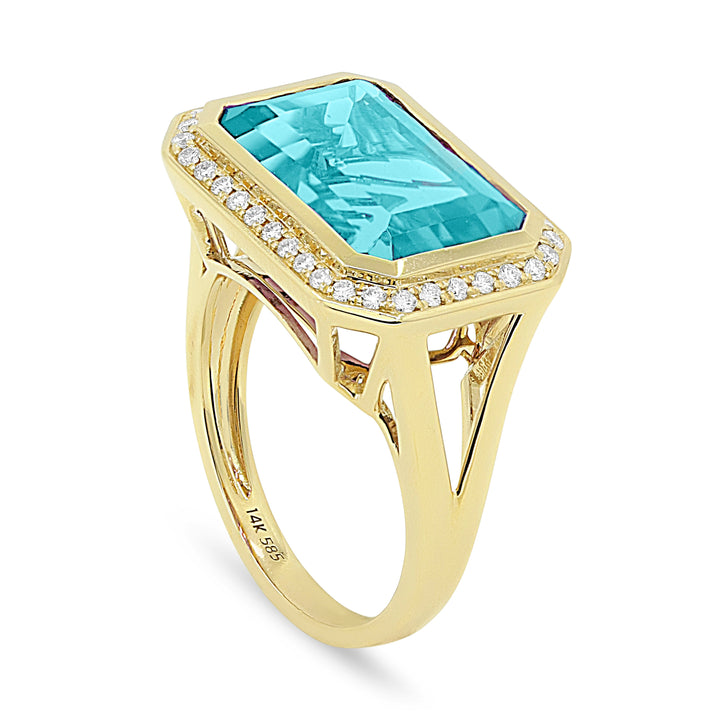 Beautiful Hand Crafted 14K Yellow Gold 14x9MM Created Tourmaline Paraiba And Diamond Essentials Collection Ring