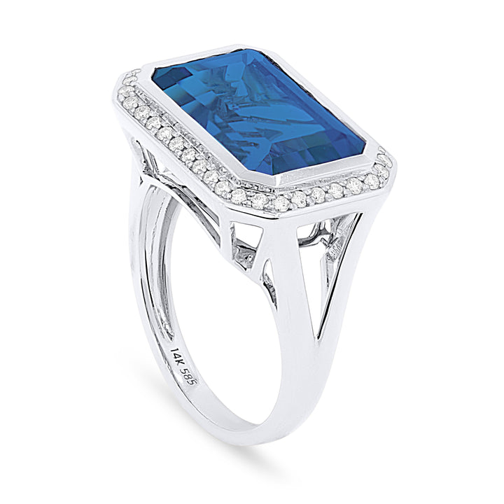 Beautiful Hand Crafted 14K White Gold 14X9MM London Blue Topaz And Diamond Essentials Collection Ring