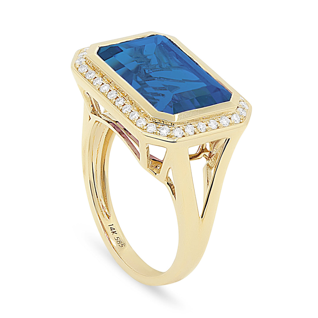 Beautiful Hand Crafted 14K Yellow Gold 14X9MM London Blue Topaz And Diamond Essentials Collection Ring