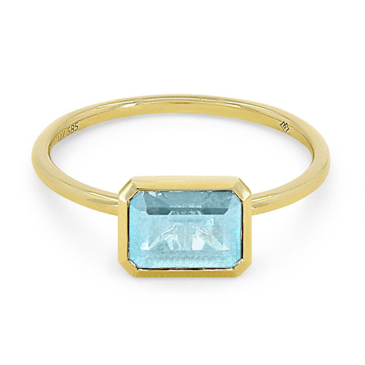 Beautiful Hand Crafted 14K Yellow Gold 5X7MM Blue Topaz And Diamond Essentials Collection Ring