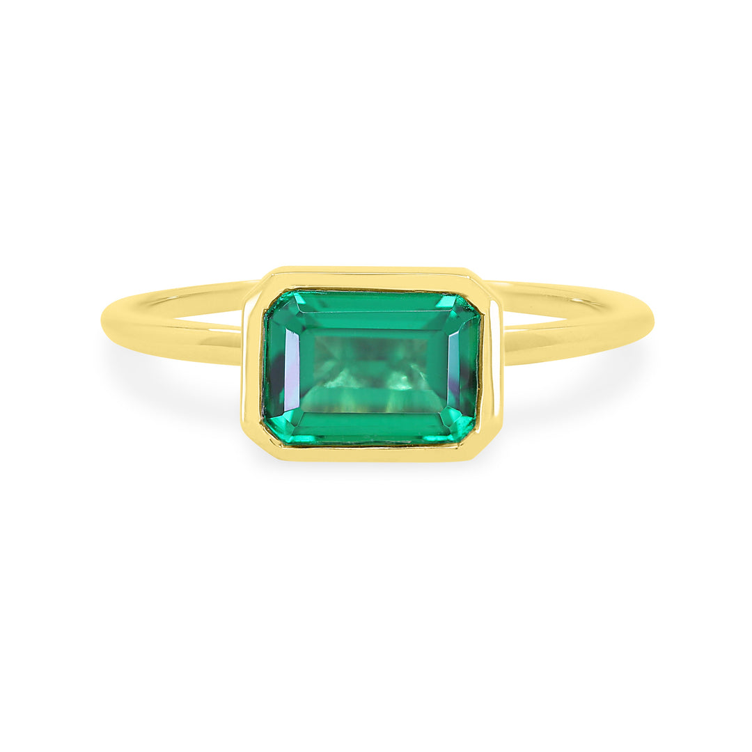 Beautiful Hand Crafted 14K Yellow Gold 5x7MM Created Emerald And Diamond Essentials Collection Ring