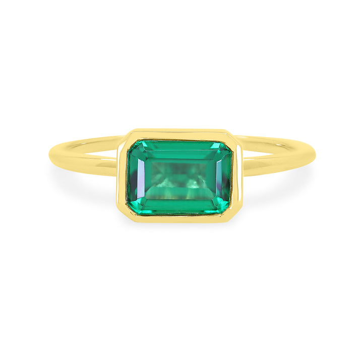 Beautiful Hand Crafted 14K Yellow Gold 5x7MM Created Emerald And Diamond Essentials Collection Ring