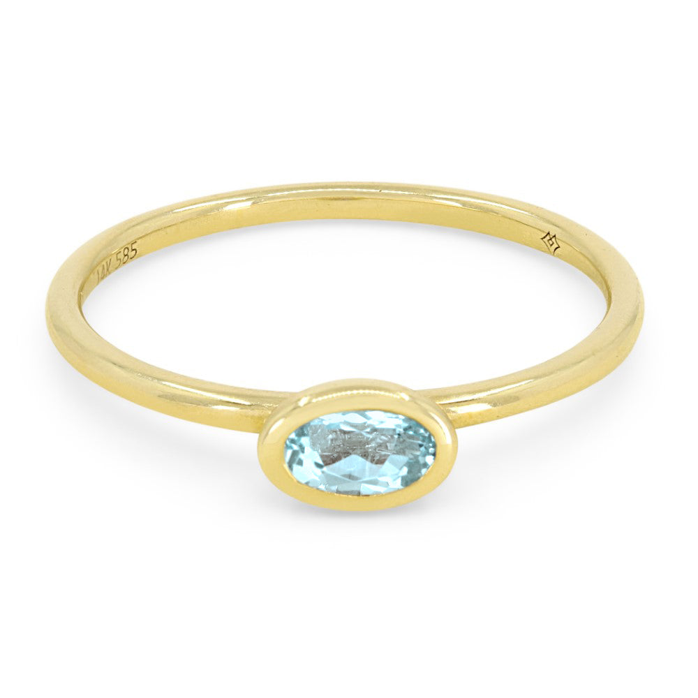 Beautiful Hand Crafted 14K Yellow Gold 5X3MM Blue Topaz And Diamond Essentials Collection Ring