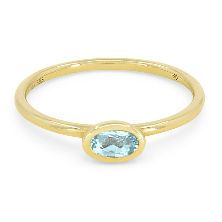 Beautiful Hand Crafted 14K Yellow Gold 5X3MM Blue Topaz And Diamond Essentials Collection Ring