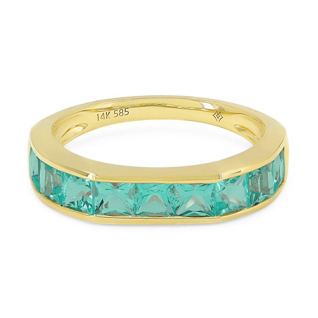 Beautiful Hand Crafted 14K Yellow Gold 3MM Created Tourmaline Paraiba And Diamond Essentials Collection Ring