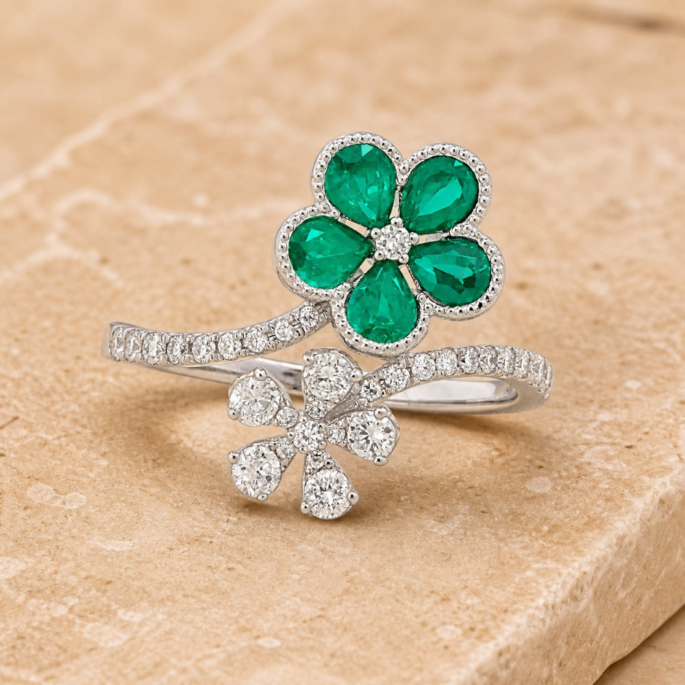R1525 - 14K Gold Emerald, Ruby & Sapphire Flower Ring