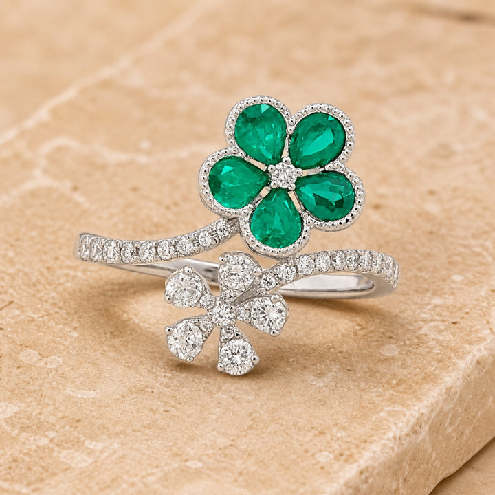 R1525 - 14K Gold Emerald, Ruby & Sapphire Flower Ring