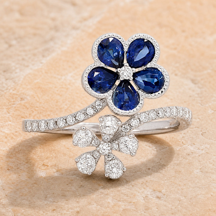 R1525 - 14K Gold Emerald, Ruby & Sapphire Flower Ring