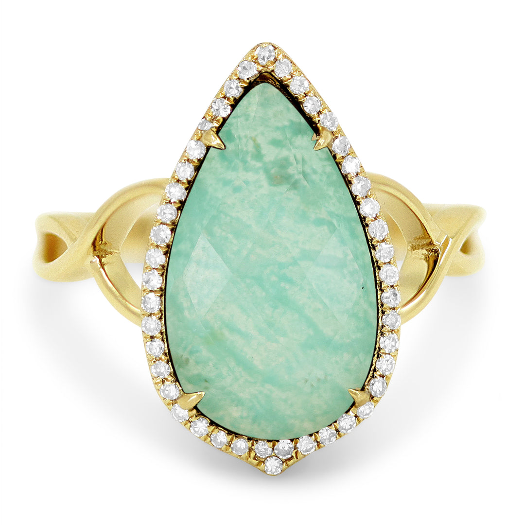 Beautiful Hand Crafted 14K Yellow Gold 9x16MM Amazonite And Diamond Essentials Collection Ring