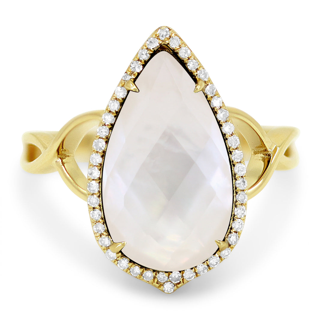 Beautiful Hand Crafted 14K Yellow Gold 9x16MM Mother Of Pearl And Diamond Essentials Collection Ring