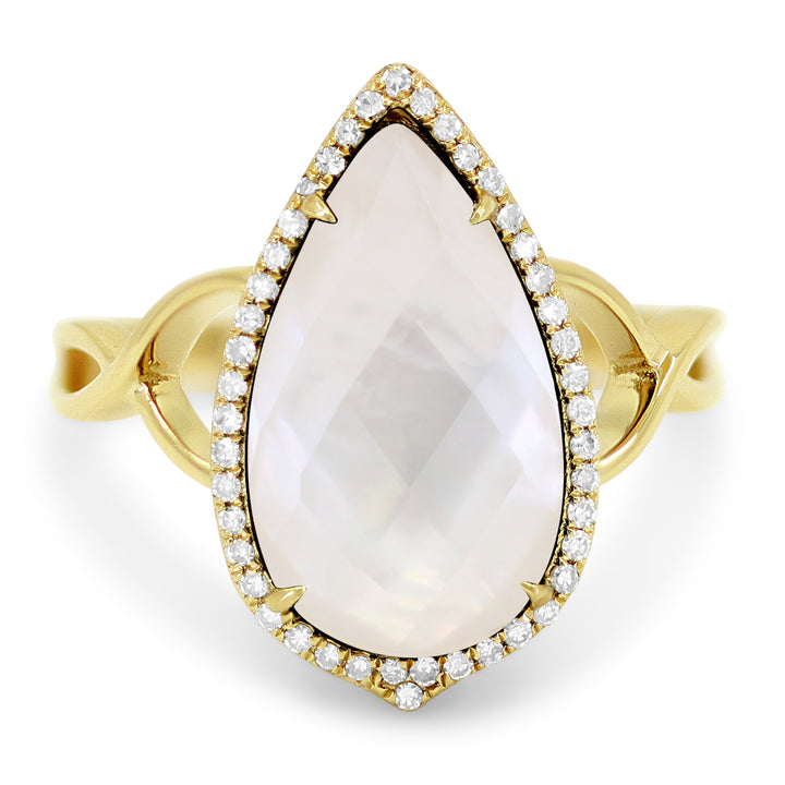 Beautiful Hand Crafted 14K Yellow Gold 9X16MM Mother Of Pearl And Diamond Essentials Collection Ring