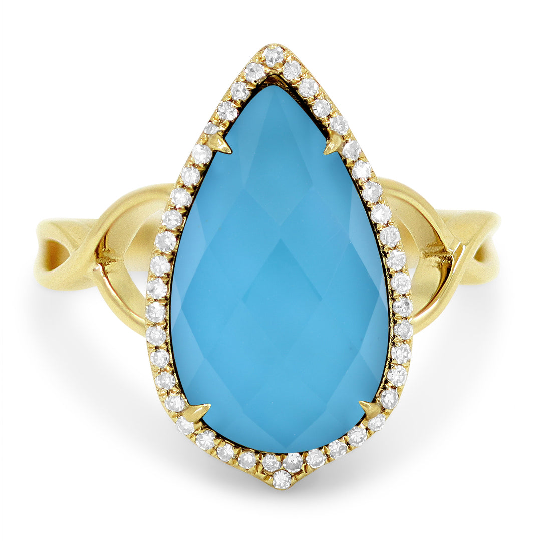 Beautiful Hand Crafted 14K Yellow Gold 9X16MM Turquoise And Diamond Essentials Collection Ring