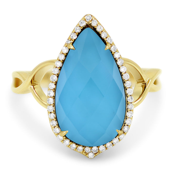 Beautiful Hand Crafted 14K Yellow Gold 9X16MM Turquoise And Diamond Essentials Collection Ring