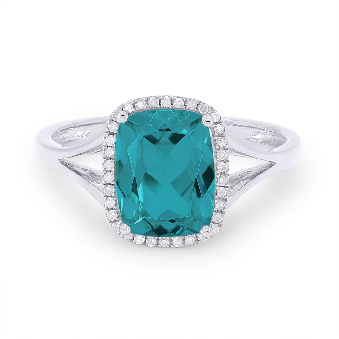 Beautiful Hand Crafted 14K White Gold 7X9MM Created Tourmaline Paraiba And Diamond Essentials Collection Ring