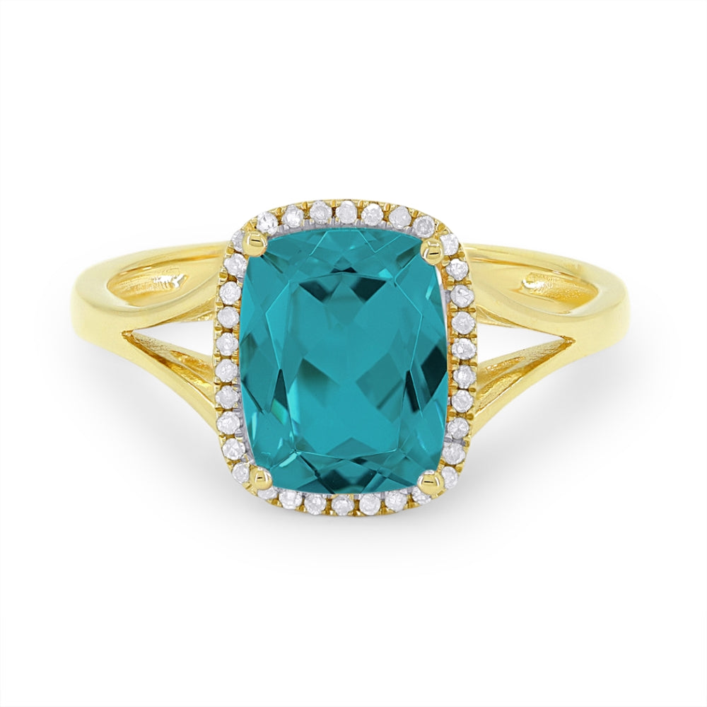 Beautiful Hand Crafted 14K Yellow Gold 7X9MM Created Tourmaline Paraiba And Diamond Essentials Collection Ring