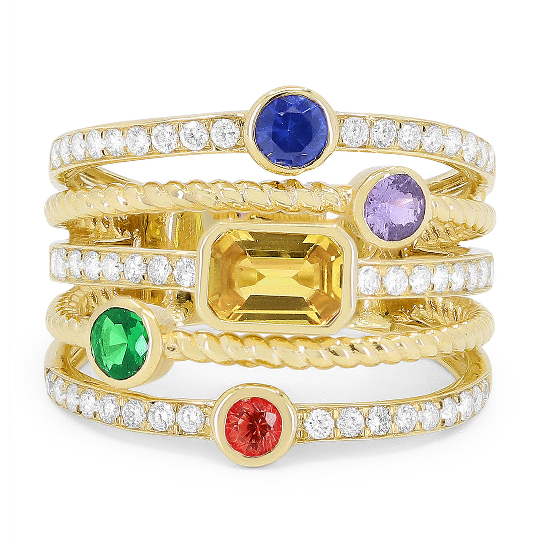 Beautiful Hand Crafted 14K Yellow Gold  Multi Colored Sapphire And Diamond Arianna Collection Ring