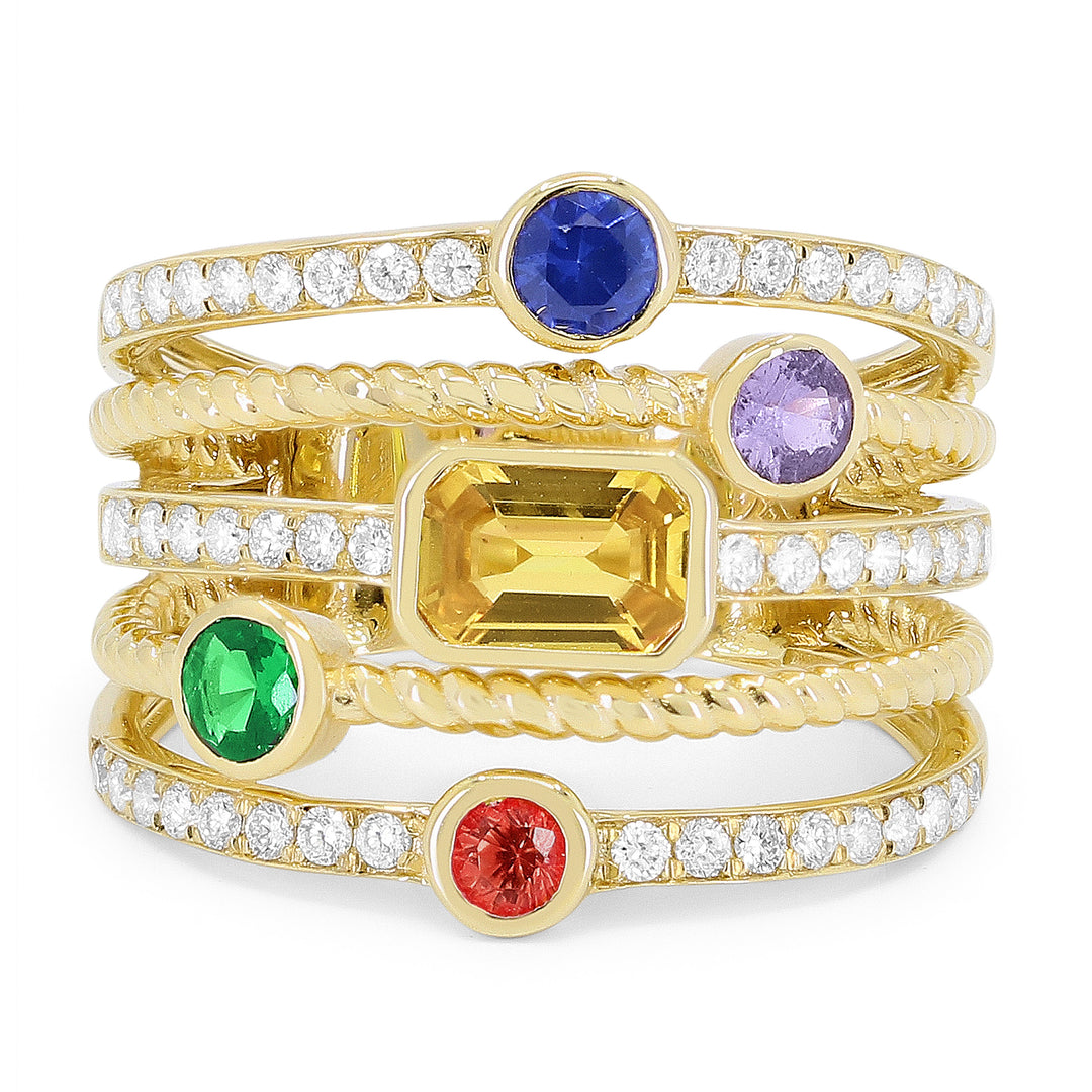 Beautiful Hand Crafted 14K Yellow Gold  Multi Colored Sapphire And Diamond Arianna Collection Ring