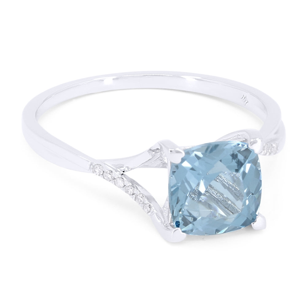 Beautiful Hand Crafted 14K White Gold 6X9MM Blue Topaz And Diamond Essentials Collection Ring