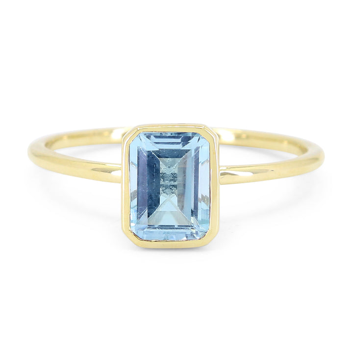 Beautiful Hand Crafted 14K Yellow Gold 5X7MM Blue Topaz And Diamond Essentials Collection Ring