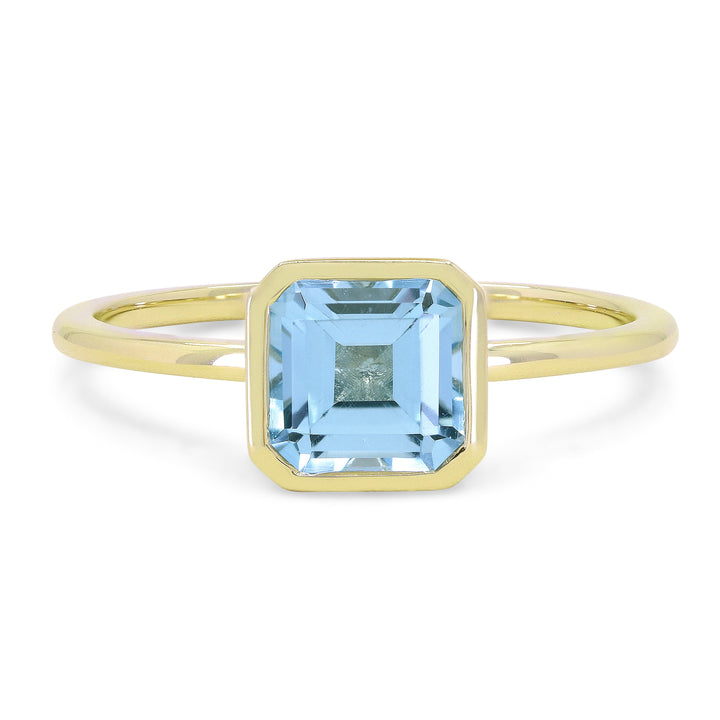Beautiful Hand Crafted 14K Yellow Gold 6x6MM Blue Topaz And Diamond Essentials Collection Ring