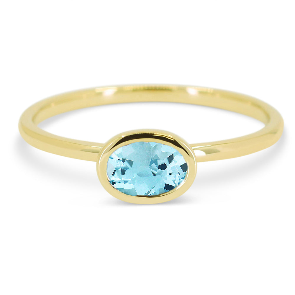 Beautiful Hand Crafted 14K Yellow Gold 6X4MM Blue Topaz And Diamond Essentials Collection Ring