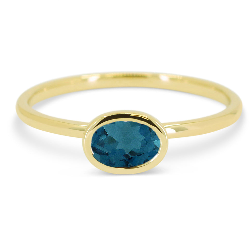 Beautiful Hand Crafted 14K Yellow Gold 6X4MM London Blue Topaz And Diamond Essentials Collection Ring