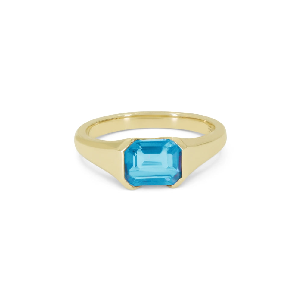 Beautiful Hand Crafted 14K Yellow Gold 6X8MM Blue Topaz And Diamond Essentials Collection Ring