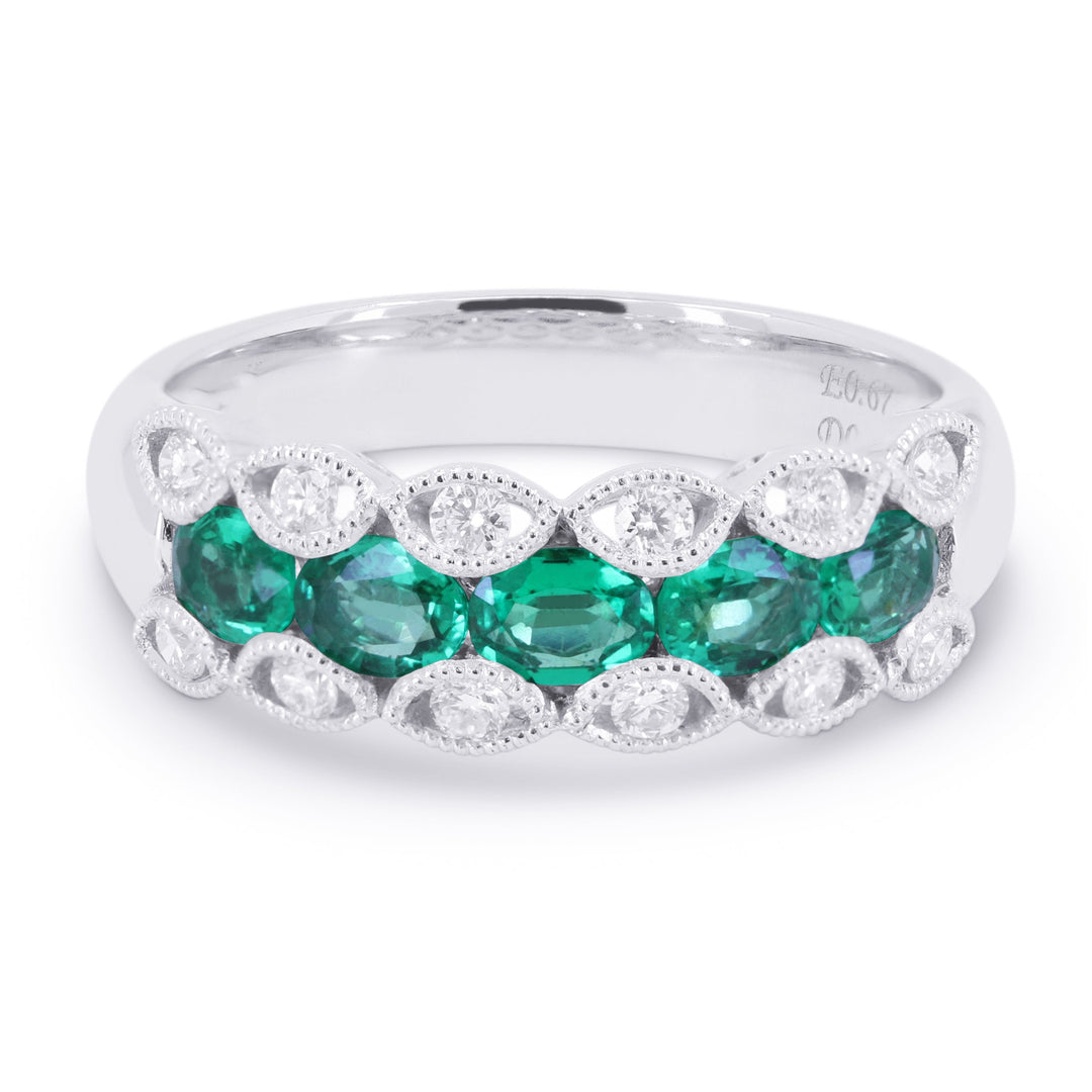 Beautiful Hand Crafted 18K White Gold 4X3MM Emerald And Diamond Arianna Collection Ring