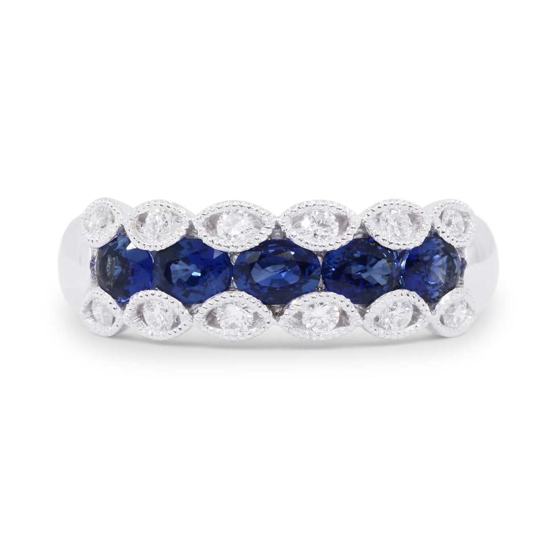 Beautiful Hand Crafted 18K White Gold 4X3MM Sapphire And Diamond Arianna Collection Ring