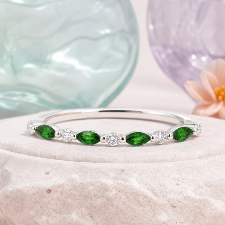 R1680 - 14K White Gold Emerald & Diamond Stackable Ring