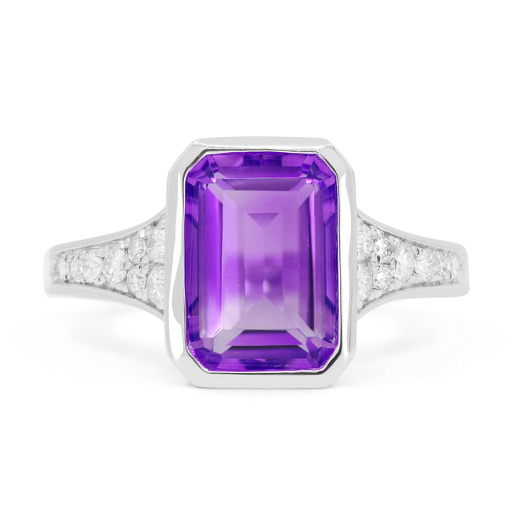 Beautiful Hand Crafted 14K White Gold 7X10MM Amethyst And Diamond Essentials Collection Ring