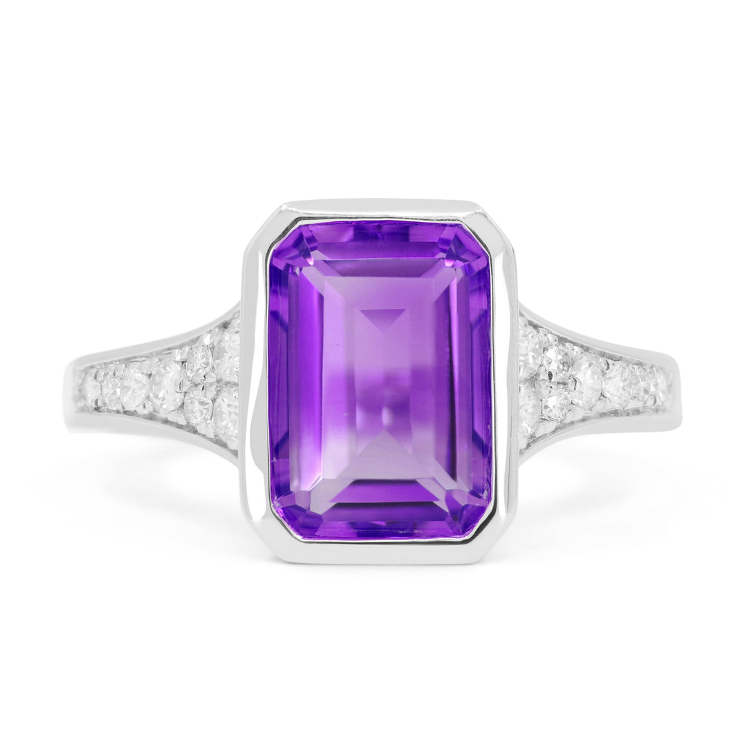 Beautiful Hand Crafted 14K White Gold 7X10MM Amethyst And Diamond Essentials Collection Ring